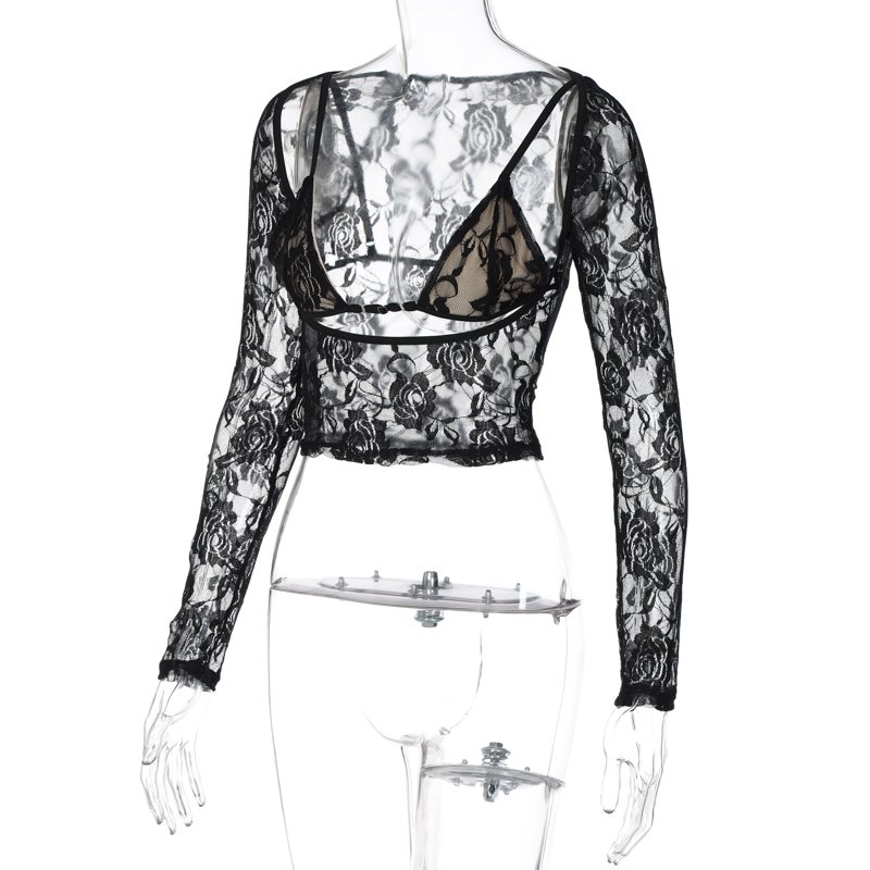 Lygens3679 Lace See Through Long Sleeve Bikini Crop Top T Shirt Autumn Y2K Streetwear Sexy Casual Wholesale Club Casual Clothes
