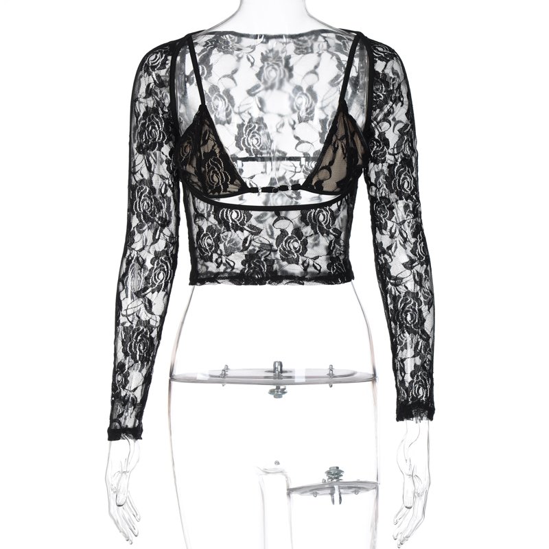 Lygens3679 Lace See Through Long Sleeve Bikini Crop Top T Shirt Autumn Y2K Streetwear Sexy Casual Wholesale Club Casual Clothes