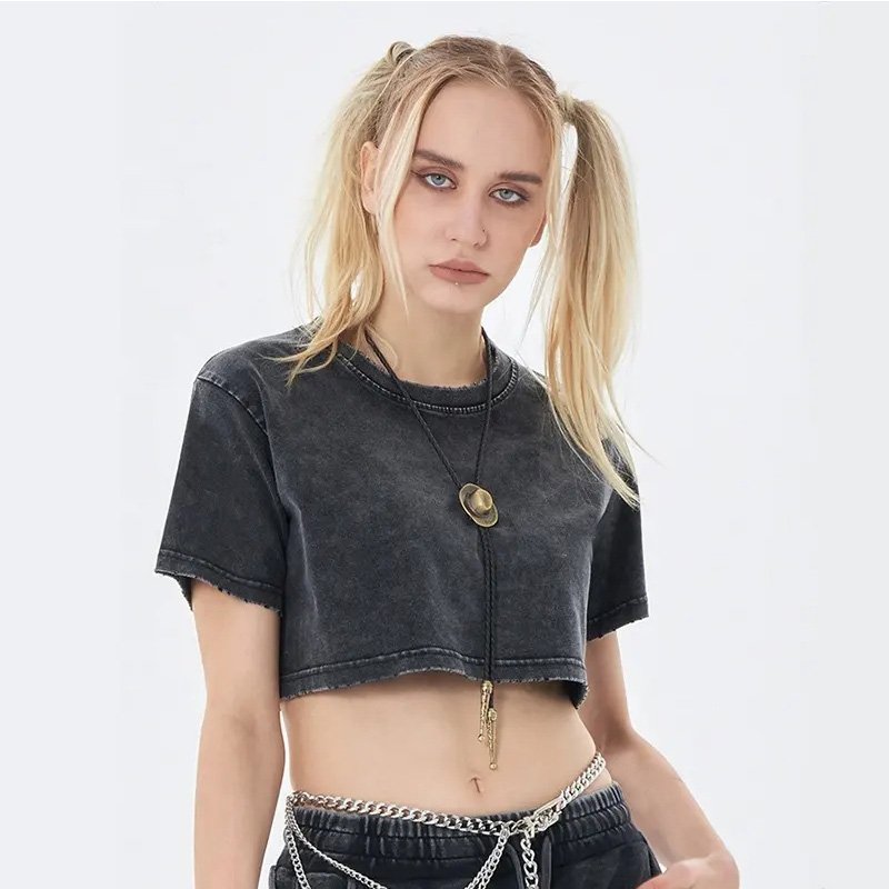 Custom Summer Pure Cotton Round Neck Blank Crop Top Street Wear Acid Wash Vintage Oversized Crop Top Tshirt For Women