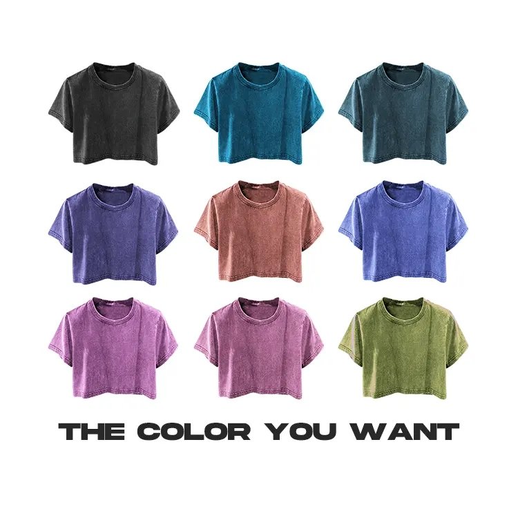 Custom Summer Pure Cotton Round Neck Blank Crop Top Street Wear Acid Wash Vintage Oversized Crop Top Tshirt For Women