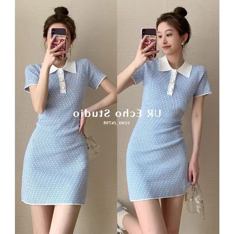Senior sense French vintage bag skirt women's summer new sweet temperament slim polo collar knitted A-line dress