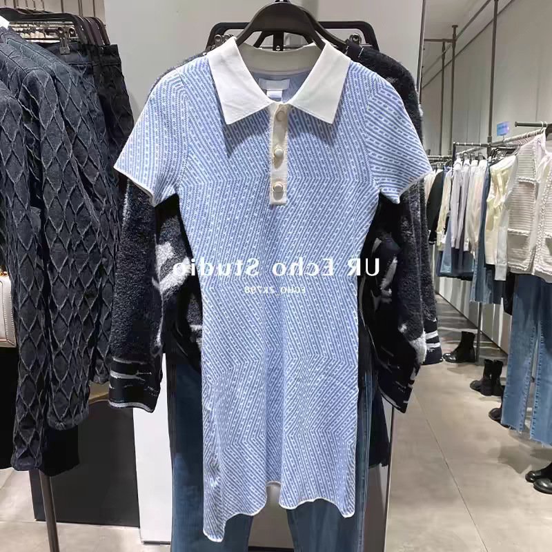 Senior sense French vintage bag skirt women's summer new sweet temperament slim polo collar knitted A-line dress