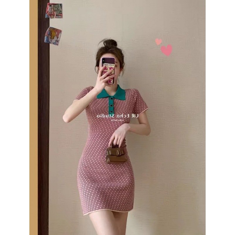 Senior sense French vintage bag skirt women's summer new sweet temperament slim polo collar knitted A-line dress