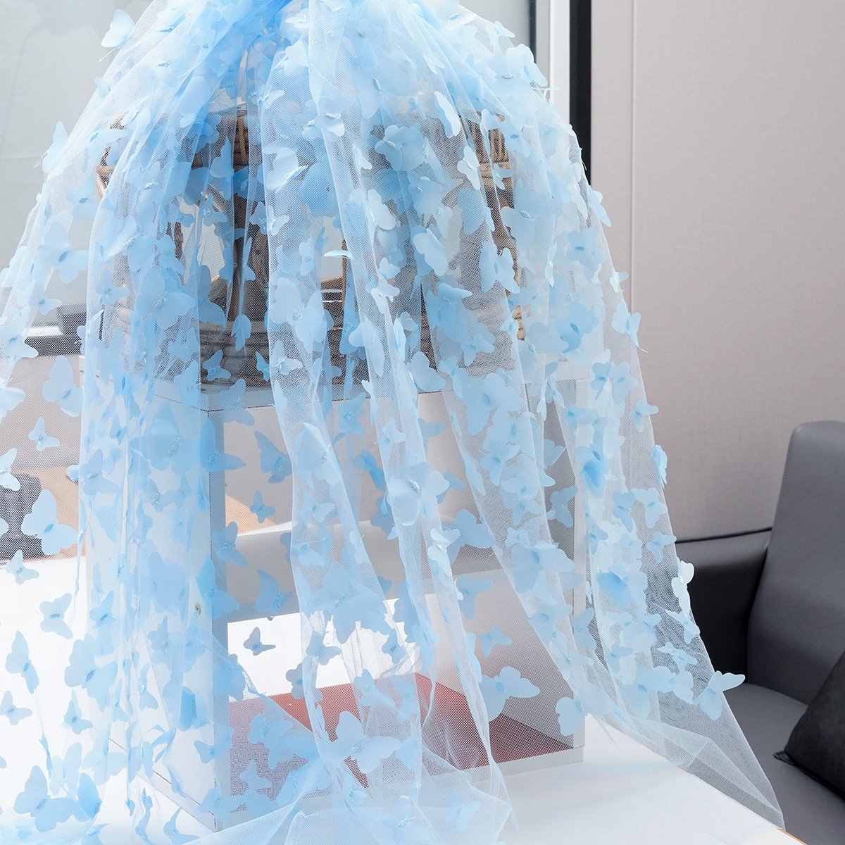 Manufacture Many Colors Stocks 3D Embroidery Dress Decor Light Butterfly White/Black/Blue 3D Embroidery Fabric Mesh Type
