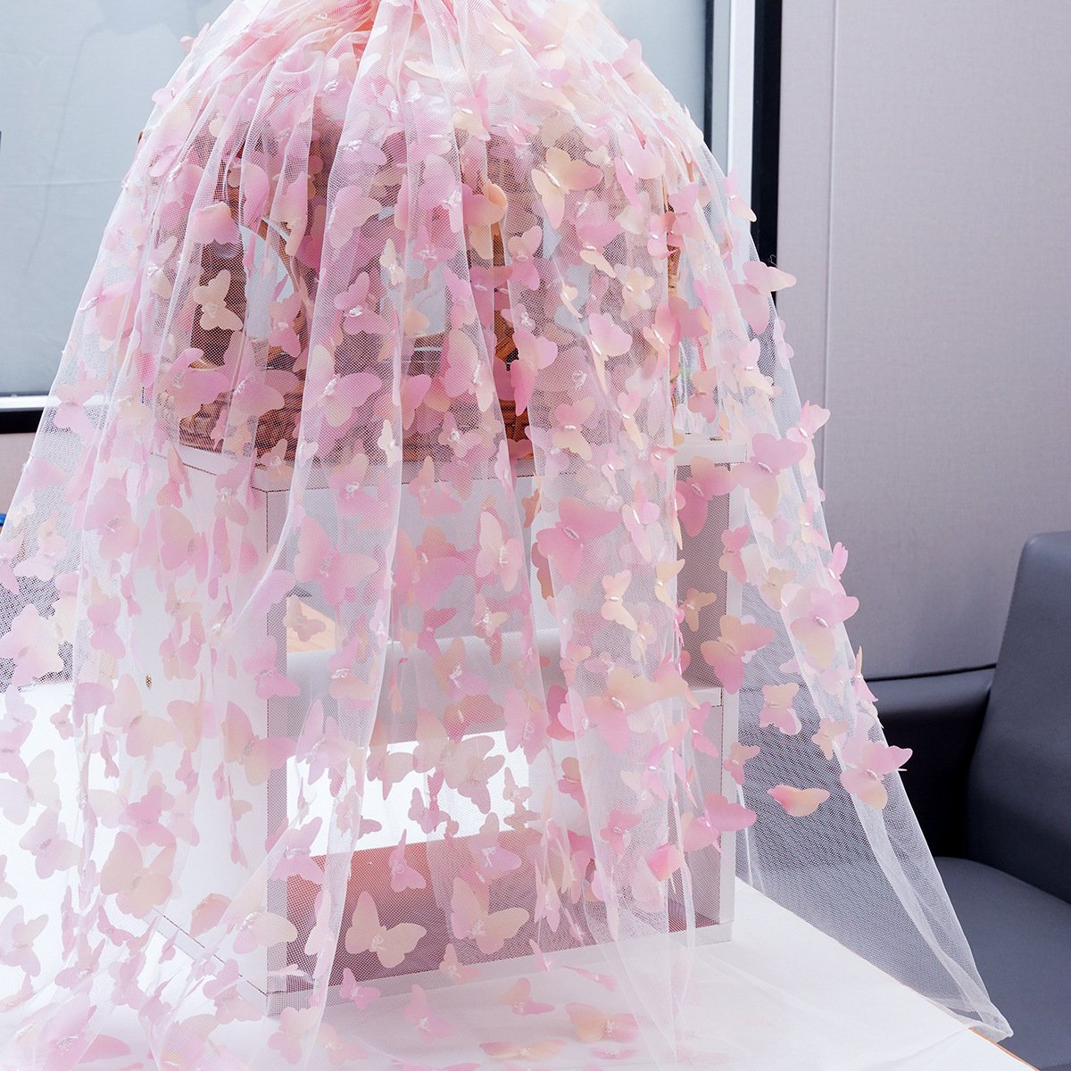 Manufacture Many Colors Stocks 3D Embroidery Dress Decor Light Butterfly White/Black/Blue 3D Embroidery Fabric Mesh Type