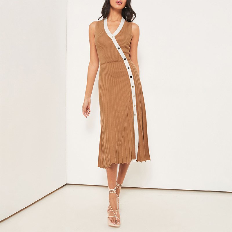 Elastic ribbed pleated casual stretch knit women lady elegant button up knitted sleeveless dress