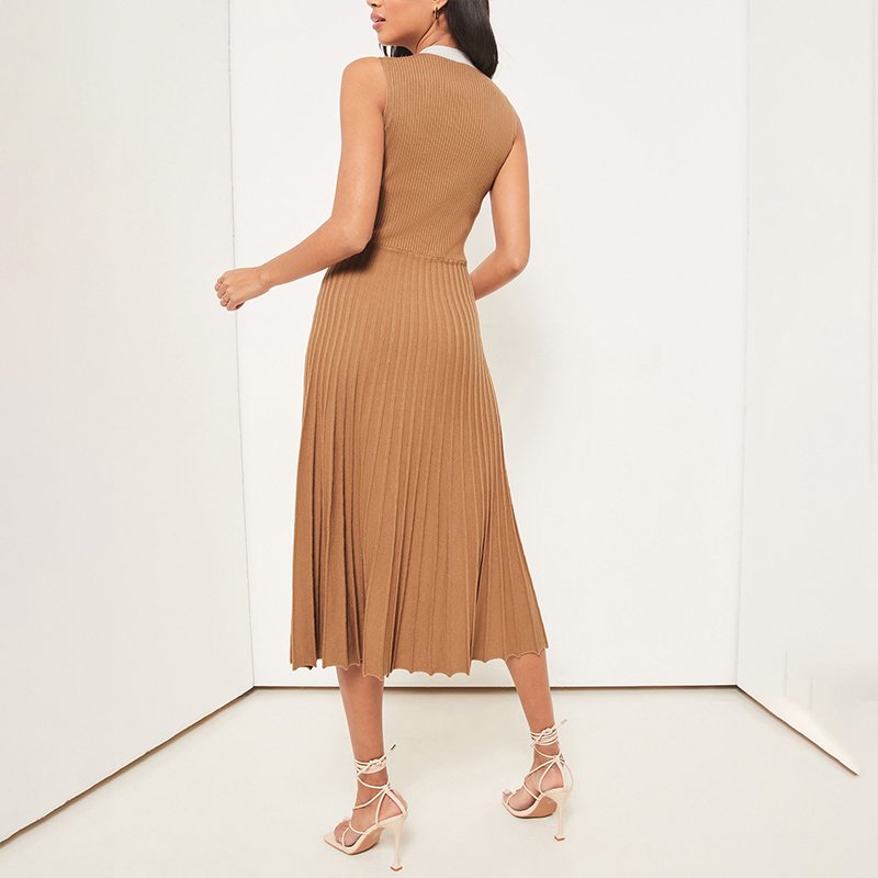 Elastic ribbed pleated casual stretch knit women lady elegant button up knitted sleeveless dress