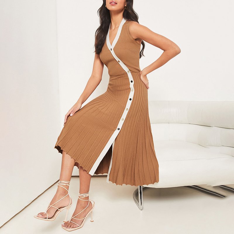 Elastic ribbed pleated casual stretch knit women lady elegant button up knitted sleeveless dress