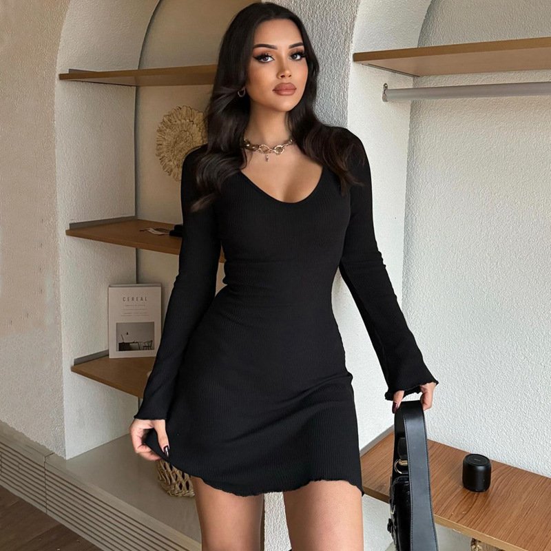 O Neck Long Sleeve Rib Solid Mini Dresses Y2K Streetwear Wholesale Dropshipping Elegant Ladies Summer Casual Clothes