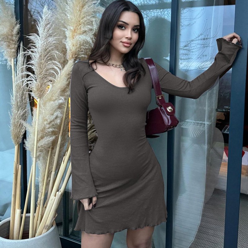 O Neck Long Sleeve Rib Solid Mini Dresses Y2K Streetwear Wholesale Dropshipping Elegant Ladies Summer Casual Clothes