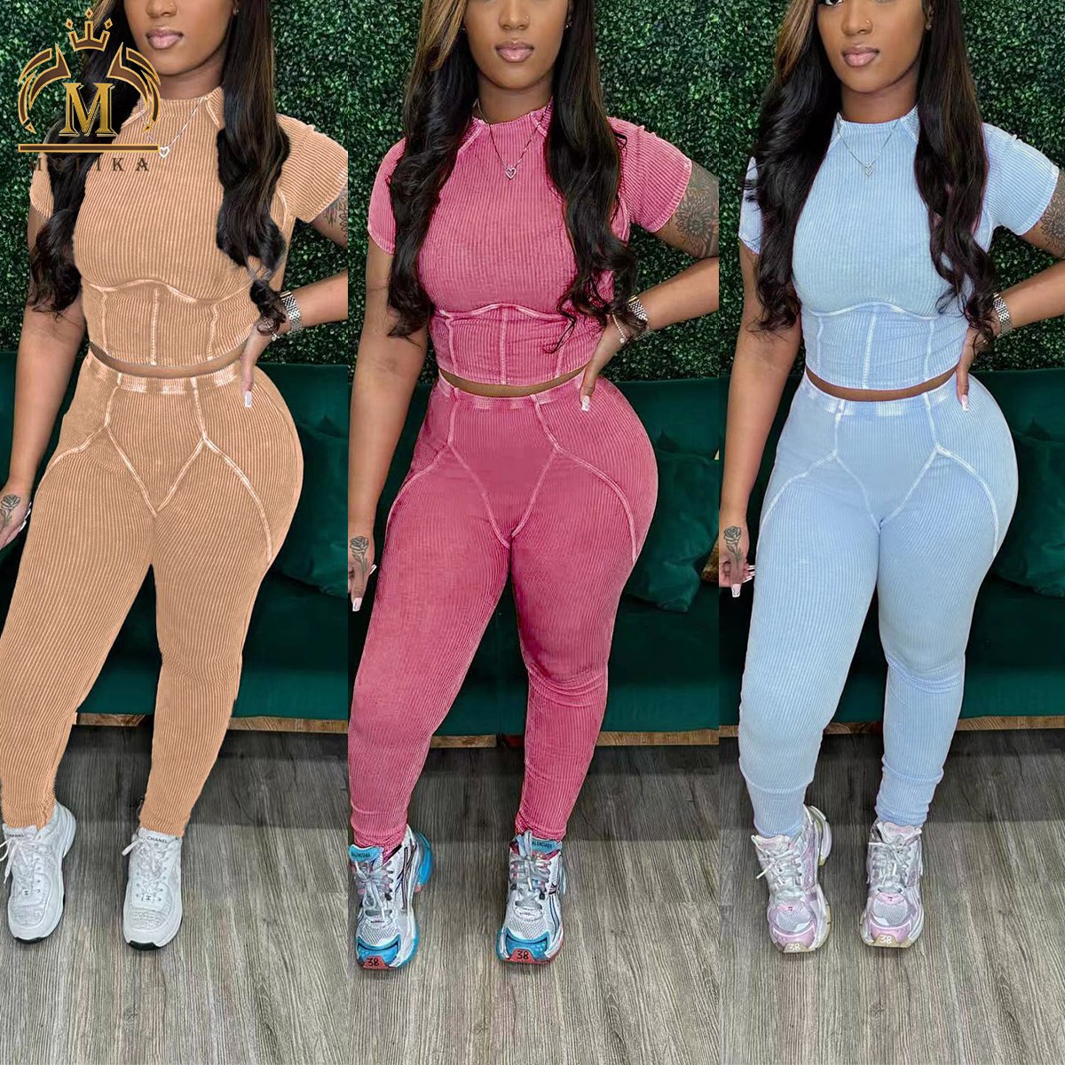 High Quality Women's Wash Ribbed Knit Crop Shirt Top+Leggings 2 Piece Sets Y2k Slim Fit Two Piece Jogger Sets Women Clothing