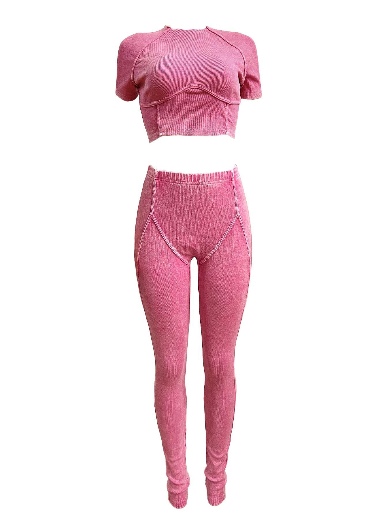 High Quality Women's Wash Ribbed Knit Crop Shirt Top+Leggings 2 Piece Sets Y2k Slim Fit Two Piece Jogger Sets Women Clothing