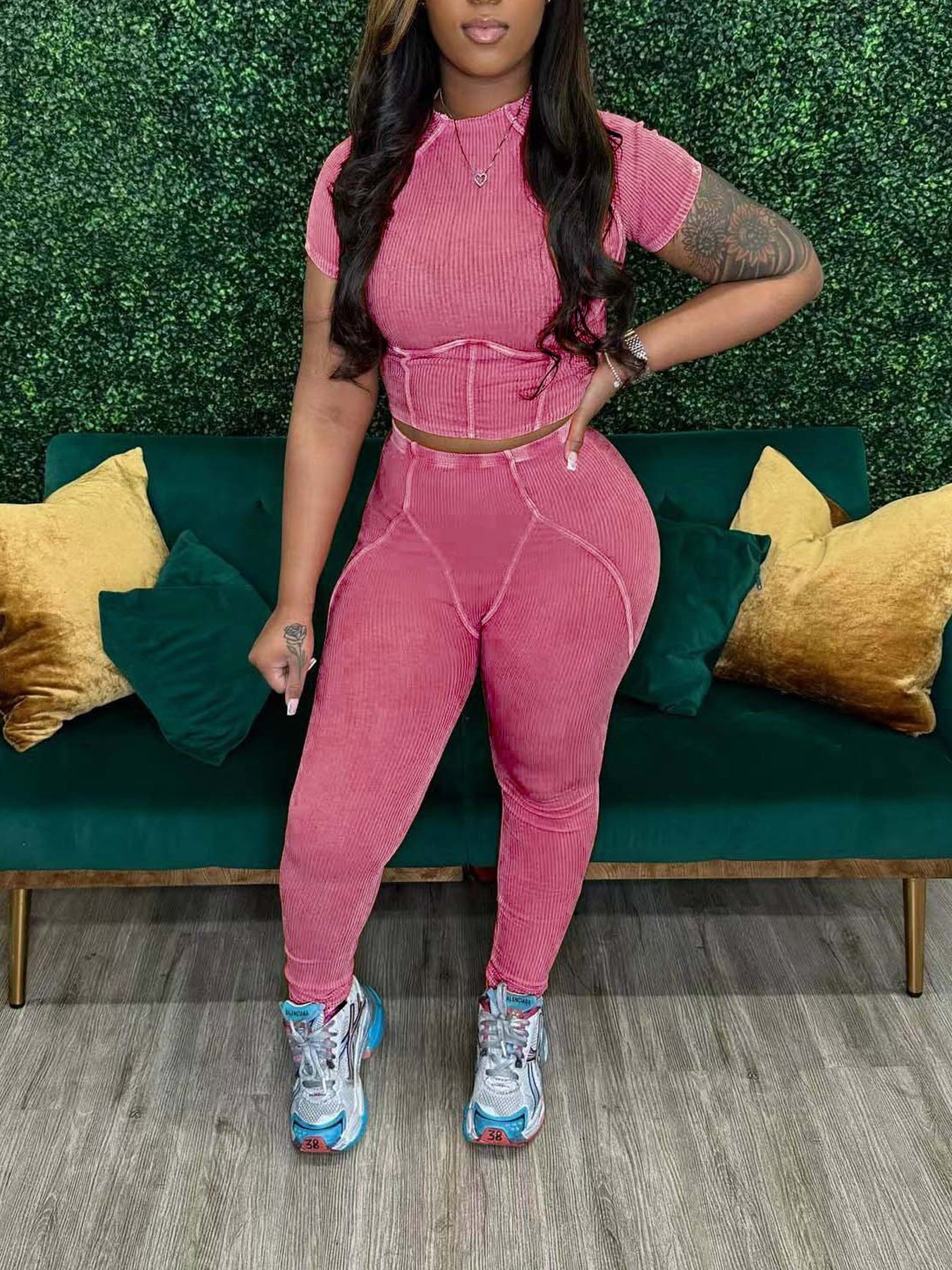 High Quality Women's Wash Ribbed Knit Crop Shirt Top+Leggings 2 Piece Sets Y2k Slim Fit Two Piece Jogger Sets Women Clothing