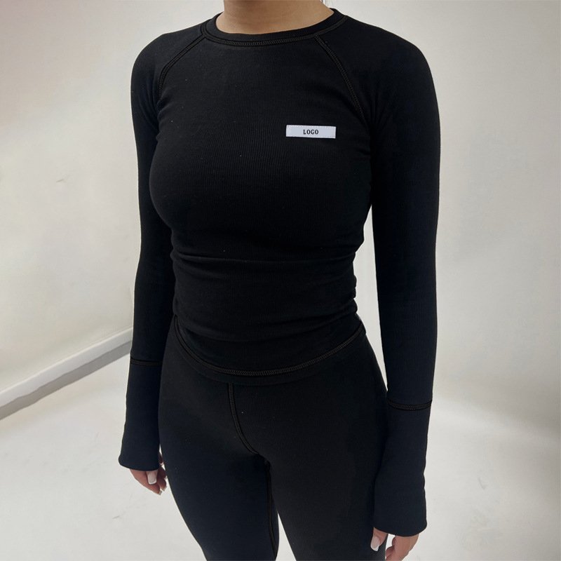 L800902 Custom 2024 Spring Loungewear Women Sets Long Sleeve Tight Ribbed Knitted Two Piece Pants Legging Sweatsuit Workout Set