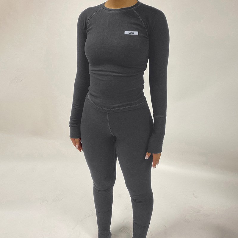 L800902 Custom 2024 Spring Loungewear Women Sets Long Sleeve Tight Ribbed Knitted Two Piece Pants Legging Sweatsuit Workout Set