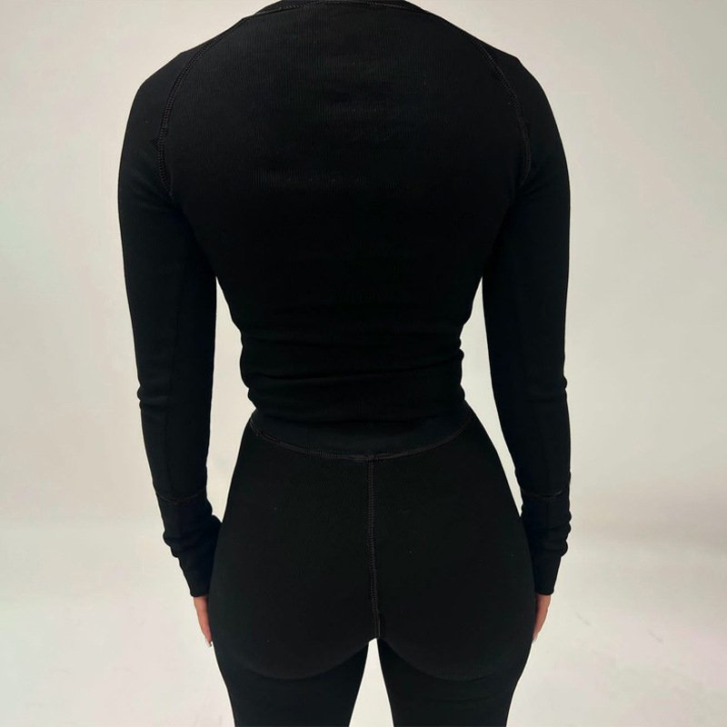 L800902 Custom 2024 Spring Loungewear Women Sets Long Sleeve Tight Ribbed Knitted Two Piece Pants Legging Sweatsuit Workout Set