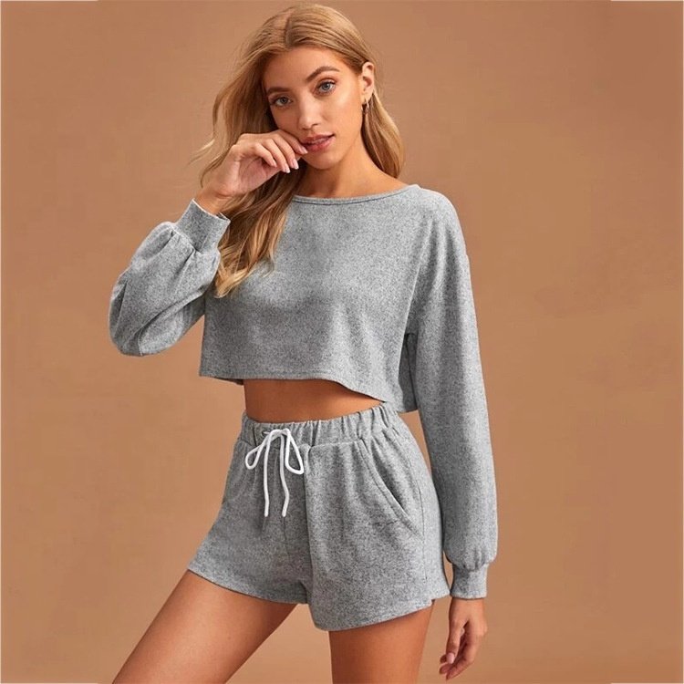 Women's Tracksuits Crew Neck Loose Short Sleeve Suit Pull Rope Cool Two Cotton Stylish Solid Color Casual Sweater For Women