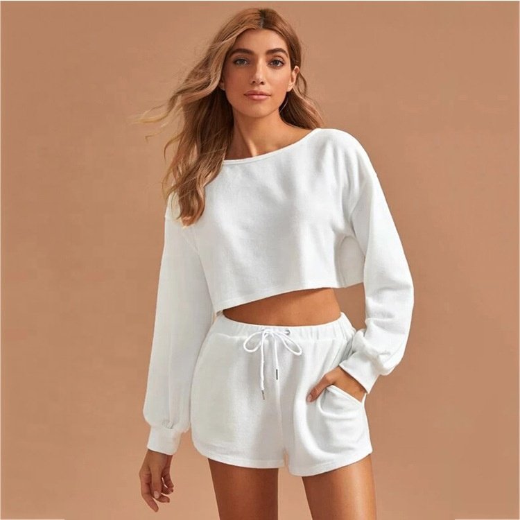 Women's Tracksuits Crew Neck Loose Short Sleeve Suit Pull Rope Cool Two Cotton Stylish Solid Color Casual Sweater For Women