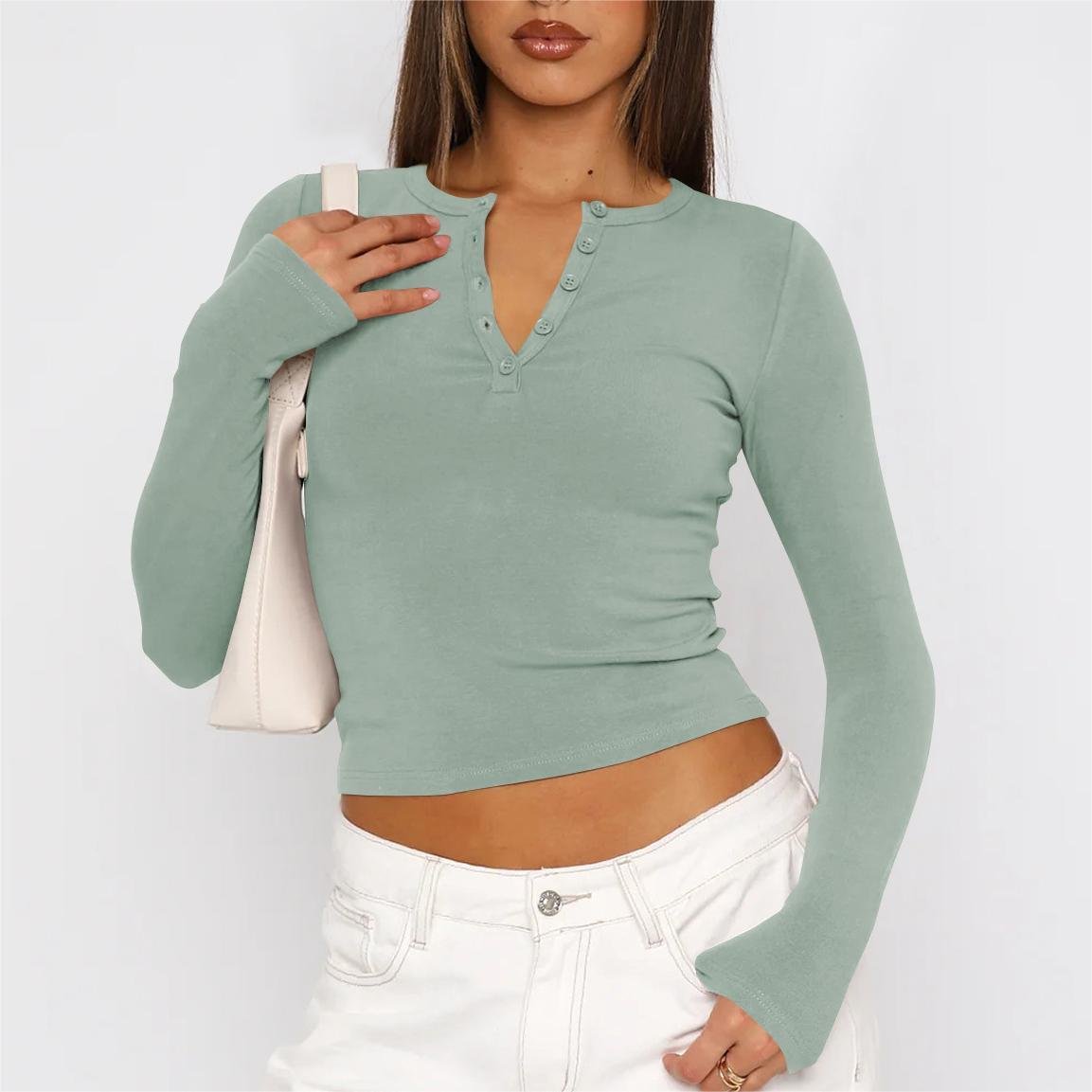 custom OEM Black Button Neck Shirt Knit Slim Fit Tops Casual Round Neck Y2K Tees Long Sleeve Ribbed Top women crop tops