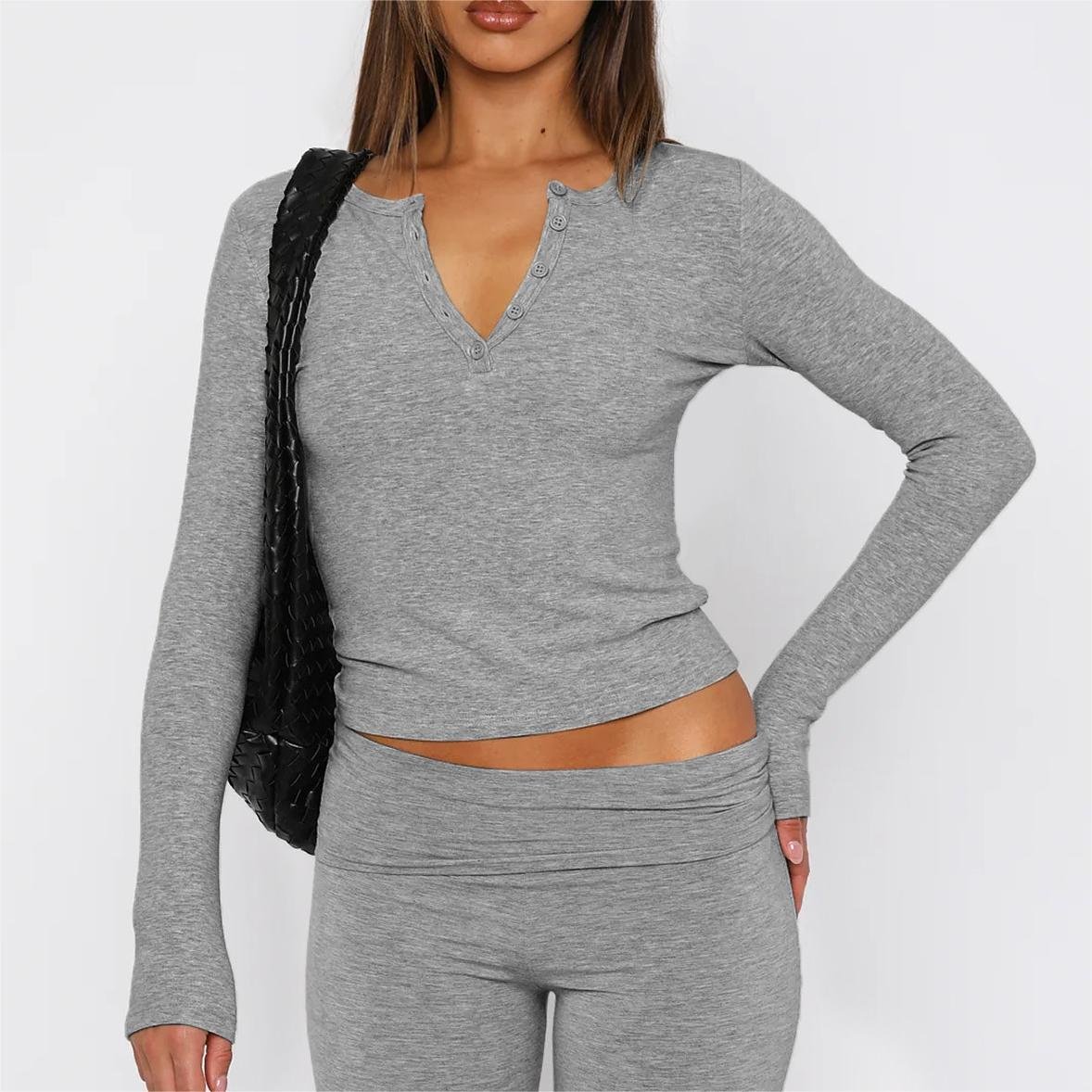 custom OEM Black Button Neck Shirt Knit Slim Fit Tops Casual Round Neck Y2K Tees Long Sleeve Ribbed Top women crop tops