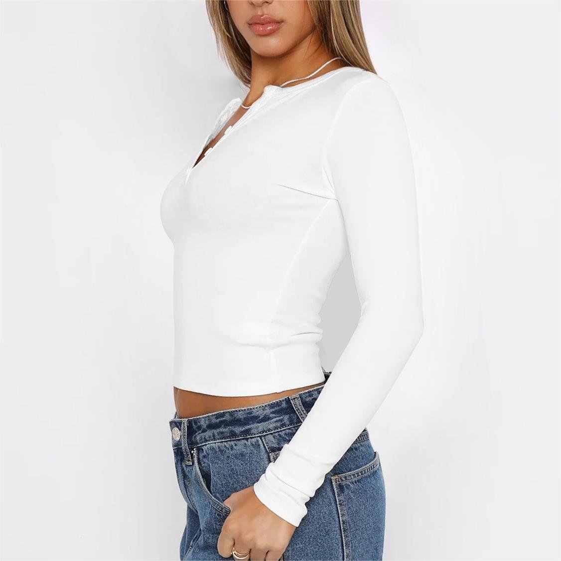 custom OEM Black Button Neck Shirt Knit Slim Fit Tops Casual Round Neck Y2K Tees Long Sleeve Ribbed Top women crop tops