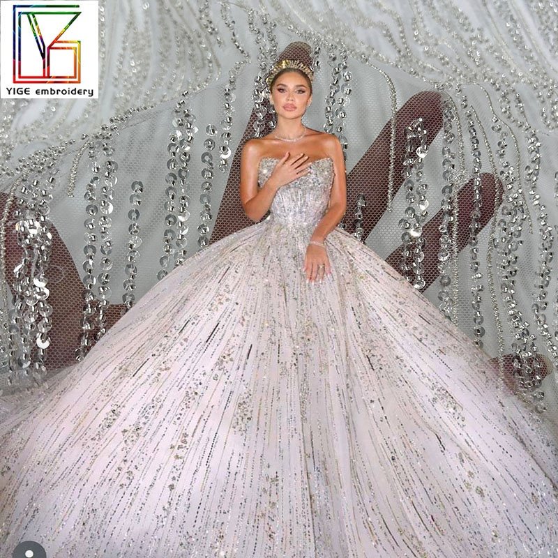 french Wedding fabric Luxury Bridal Tulle Mesh Embroidery laces new design African Beads Sequins Heavy Beaded Lace Fabric