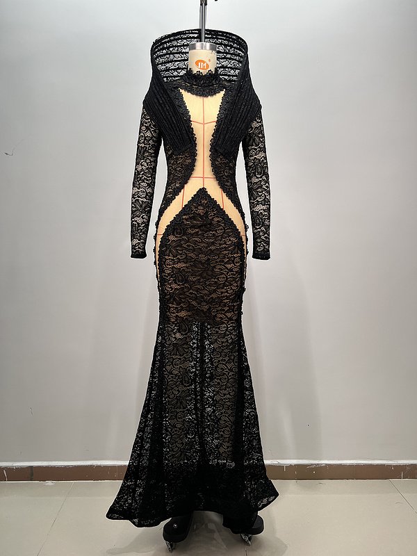 A9404 Elegant Women Fashion Maxi Gown Long Sleeves Black LaceWomen Luxury Ladies Evening Dress