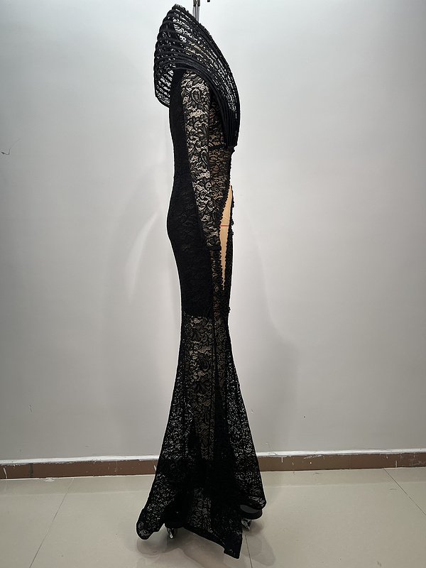 A9404 Elegant Women Fashion Maxi Gown Long Sleeves Black LaceWomen Luxury Ladies Evening Dress