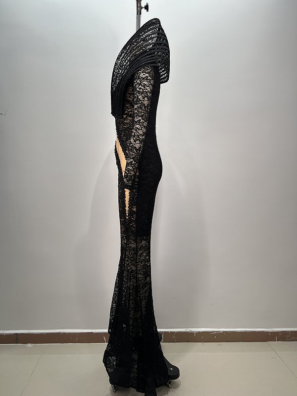 A9404 Elegant Women Fashion Maxi Gown Long Sleeves Black LaceWomen Luxury Ladies Evening Dress