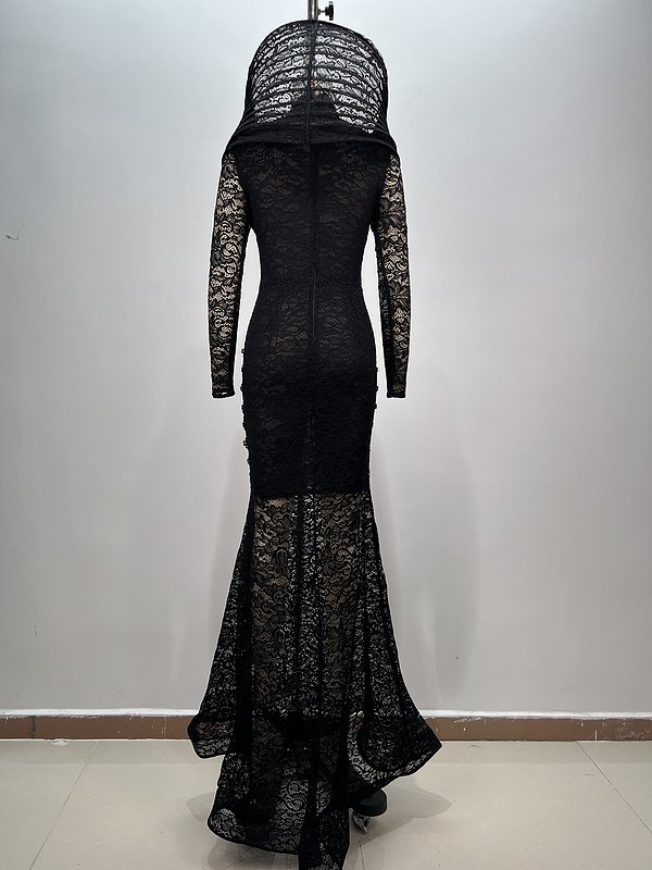 A9404 Elegant Women Fashion Maxi Gown Long Sleeves Black LaceWomen Luxury Ladies Evening Dress