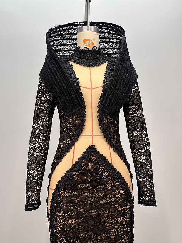 A9404 Elegant Women Fashion Maxi Gown Long Sleeves Black LaceWomen Luxury Ladies Evening Dress