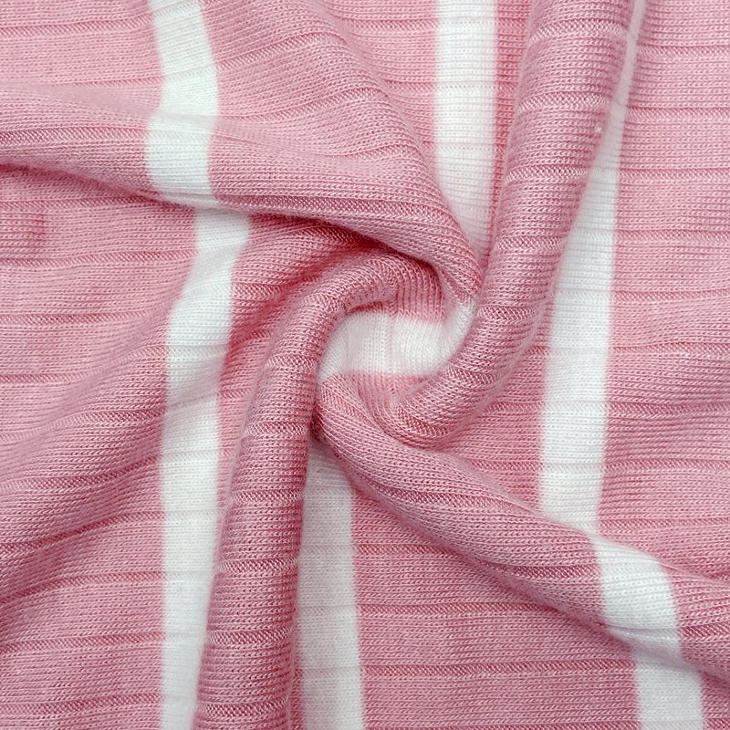 Nice pink ribbing yarn dye striped rayon polyester spandex custom knit 285GSM wide rib fabric for tops