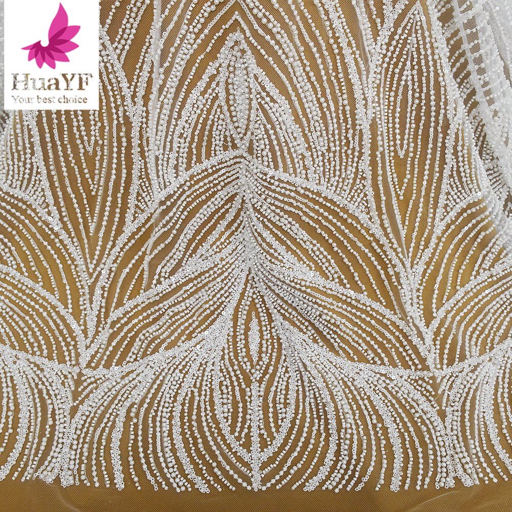 HY2499 New french heavy white beaded pearls lace wedding bridal sequins lace dress fabric wholesale 2023