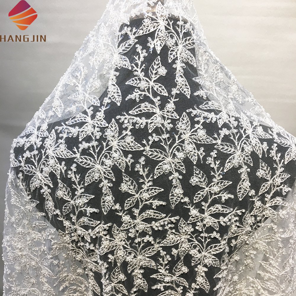 White French Net Lace Fabric Embroidery Leaves Pattern Handmade Sequin Beaded Lace Fabric For Wedding Dress