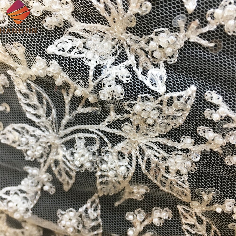 White French Net Lace Fabric Embroidery Leaves Pattern Handmade Sequin Beaded Lace Fabric For Wedding Dress