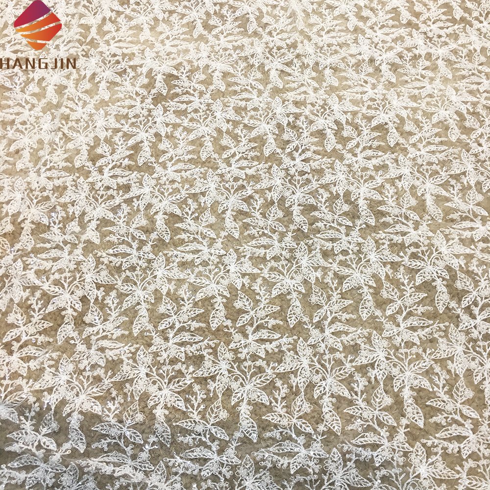 White French Net Lace Fabric Embroidery Leaves Pattern Handmade Sequin Beaded Lace Fabric For Wedding Dress