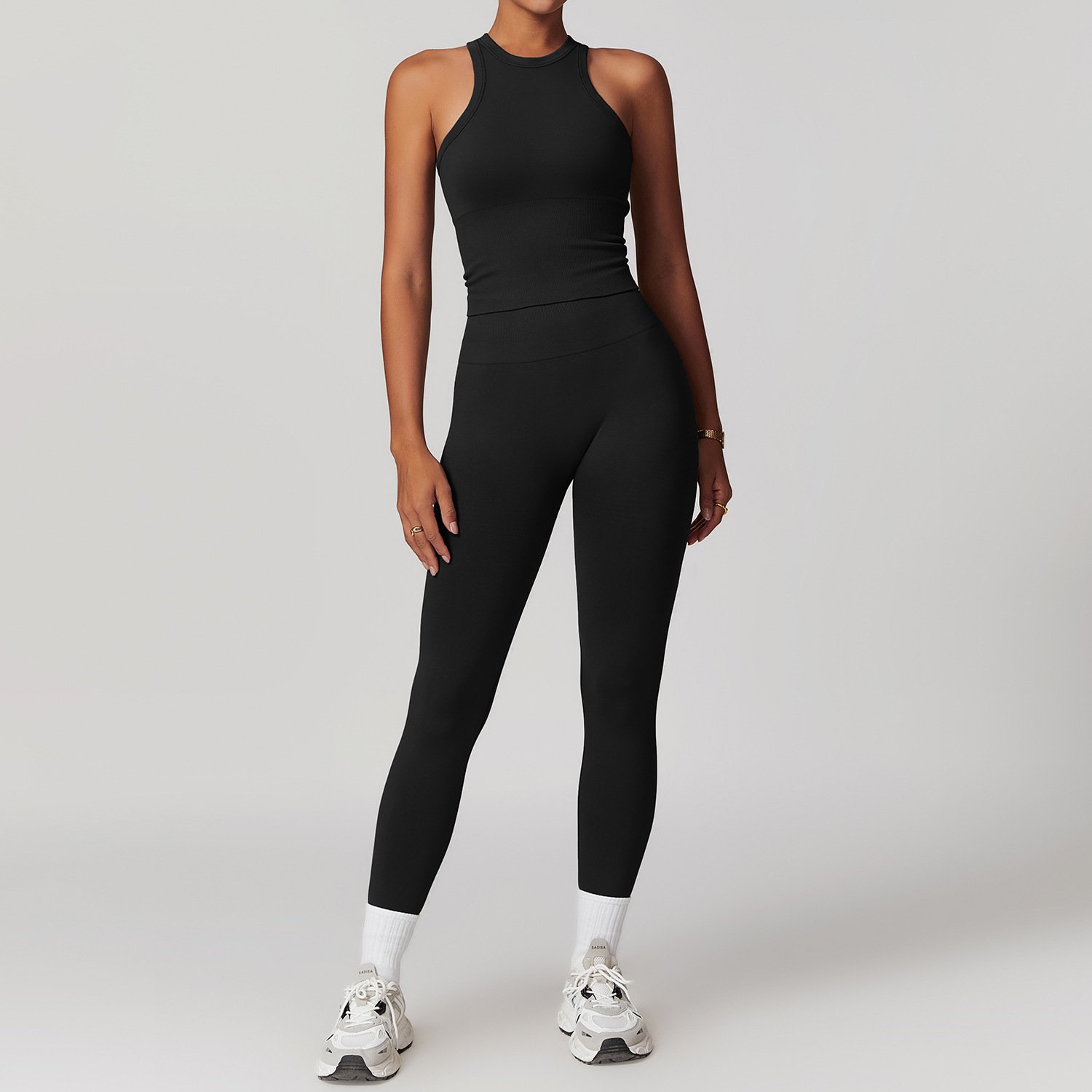SILUO Breathable Gym Fitness Sets Yoga Wear Suit Solid Color Scrunch Butt Workout Knitted Seamless Ribbed Yoga Set For Women