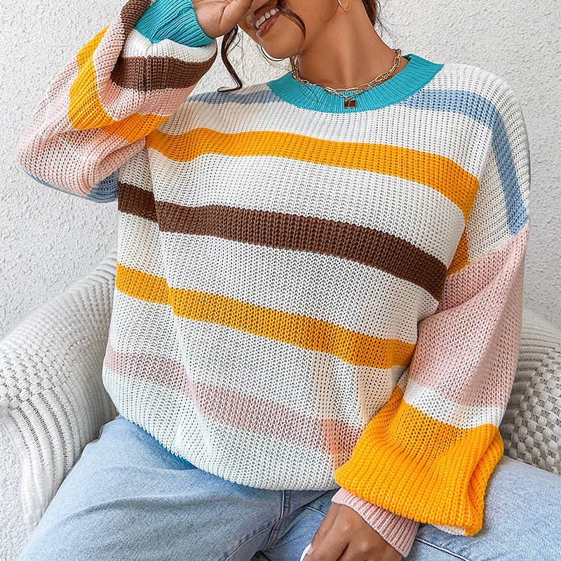 Wholesale strong elastic warm loose pullover stretch crew neck color girls winter tops long sleeve knitted ribbed women sweater