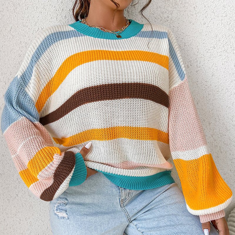 Wholesale strong elastic warm loose pullover stretch crew neck color girls winter tops long sleeve knitted ribbed women sweater