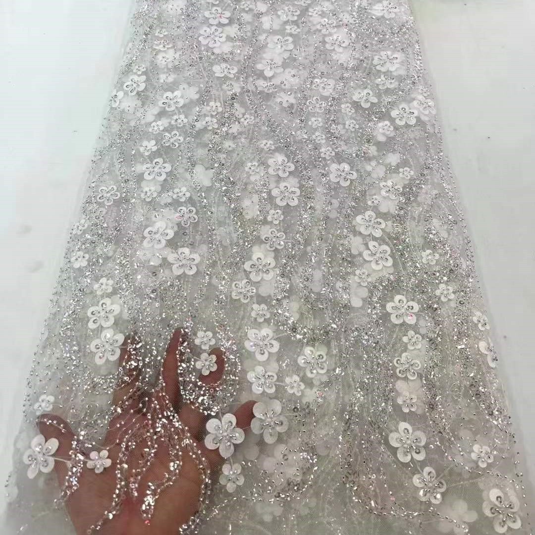 Crystal Sequins Bridal Luxury Embroidery Beads Wedding Tulle White Beaded Lace Fabric Guangzhou Tricot Lightweight Knitted 150D
