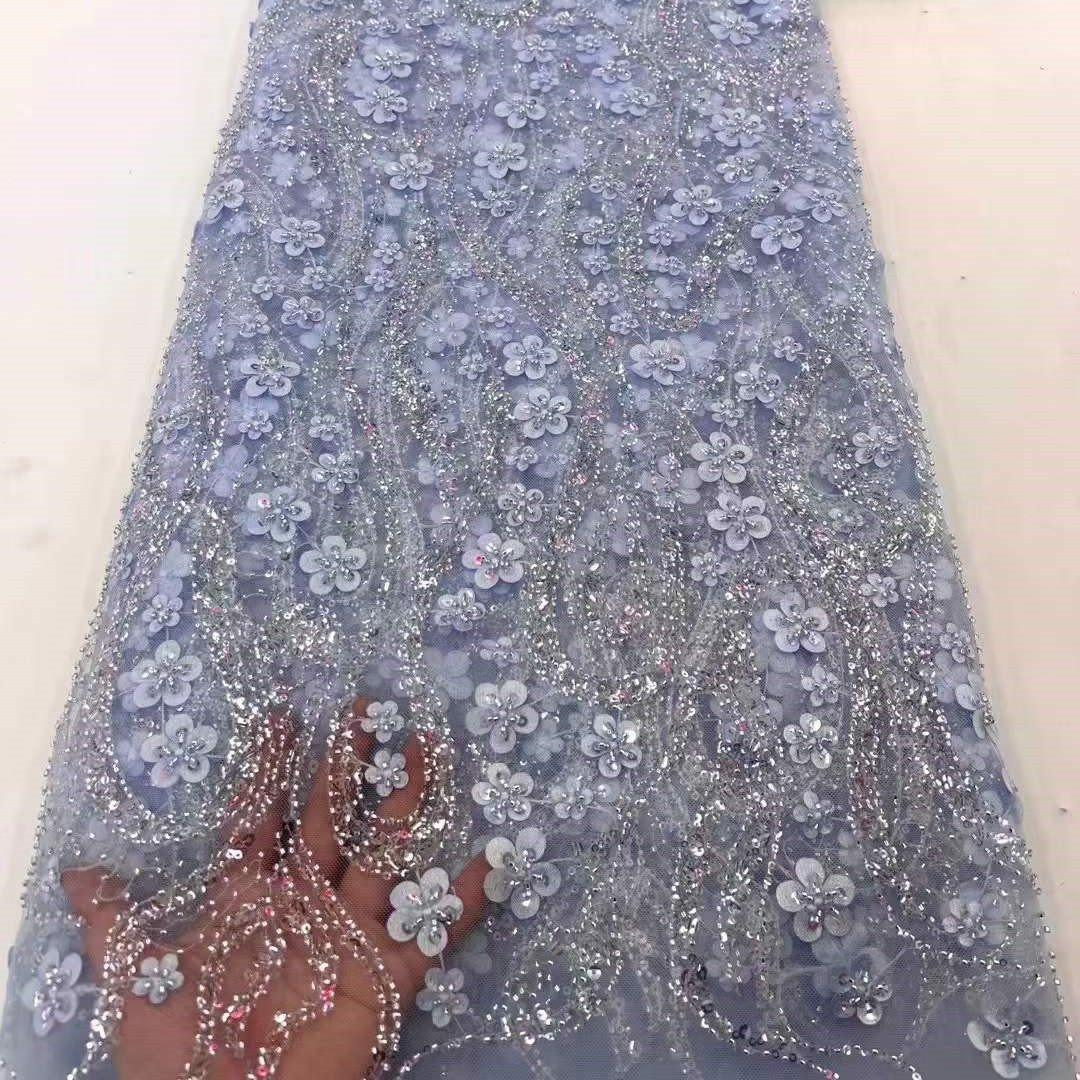 Crystal Sequins Bridal Luxury Embroidery Beads Wedding Tulle White Beaded Lace Fabric Guangzhou Tricot Lightweight Knitted 150D