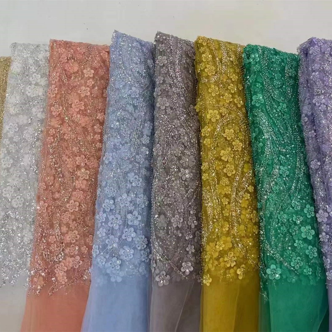 Crystal Sequins Bridal Luxury Embroidery Beads Wedding Tulle White Beaded Lace Fabric Guangzhou Tricot Lightweight Knitted 150D
