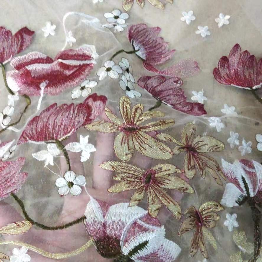 luxury bridal lace fabric beads Rose Red flower embroidery tulle fabric
