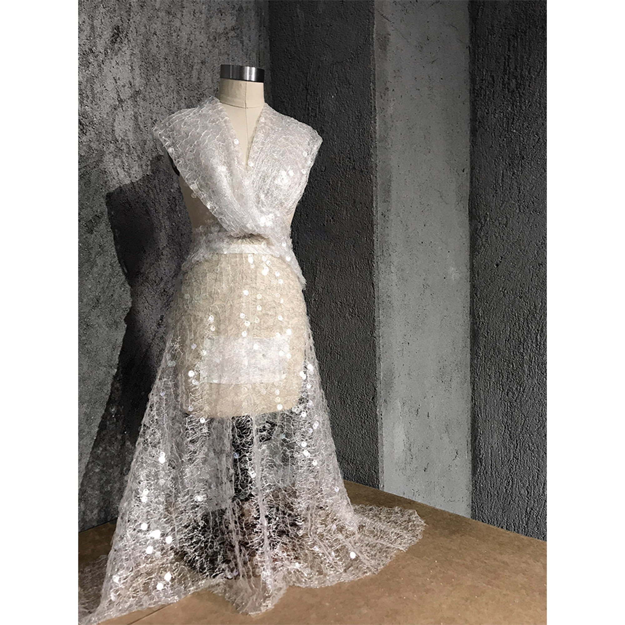 Sparkle French Lace Wedding Prom Evening Lace Embroidery Fabric Light Brown Mermaid Transparent Crystal Dyed Sequin Fabric