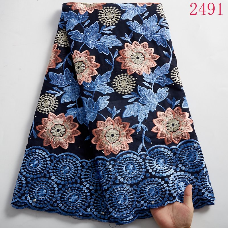 Luxury Lace Fabric African 2020 High Quality Swiss Voile Lace With Stones Embroidery Punch Cotton africa Dress For Woman 1900