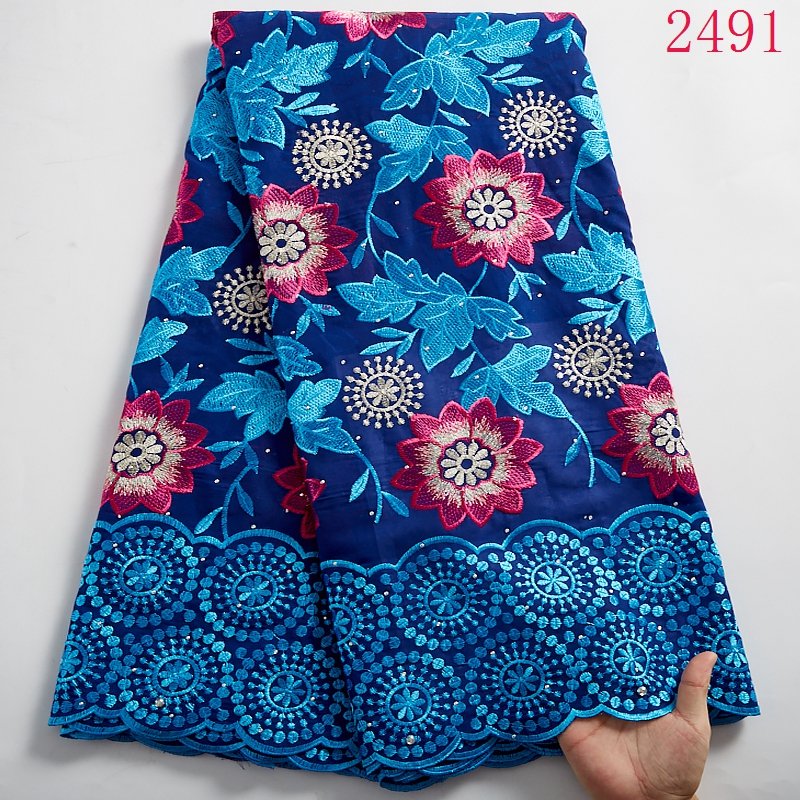 Luxury Lace Fabric African 2020 High Quality Swiss Voile Lace With Stones Embroidery Punch Cotton africa Dress For Woman 1900