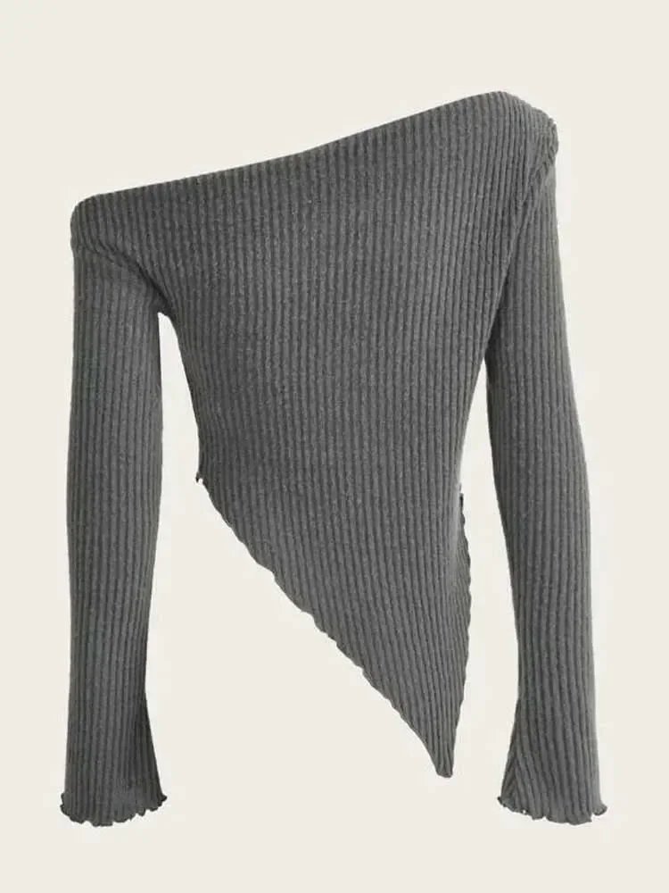 Long Sleeve Casual Sweater Handkerchief Hem Women Solid Autumn Winter Grunge Asymmetrical Neck Rib-knit Tee Strapless Blouse