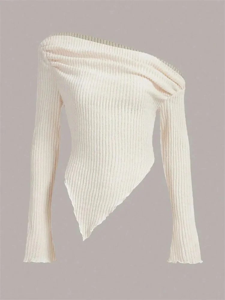 Long Sleeve Casual Sweater Handkerchief Hem Women Solid Autumn Winter Grunge Asymmetrical Neck Rib-knit Tee Strapless Blouse