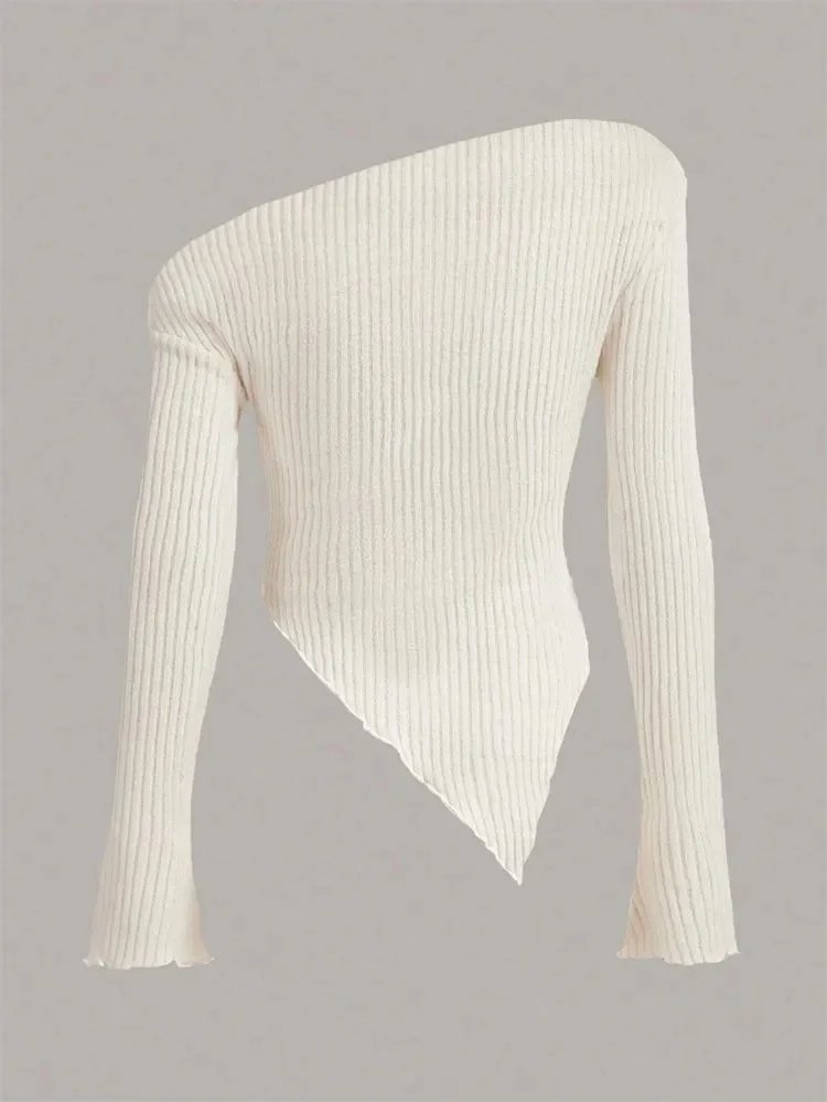 Long Sleeve Casual Sweater Handkerchief Hem Women Solid Autumn Winter Grunge Asymmetrical Neck Rib-knit Tee Strapless Blouse