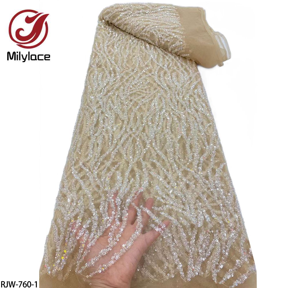 Wedding Bridal Luxury White Beaded Sequins Embroidery Mesh Bridal Lace Fabric